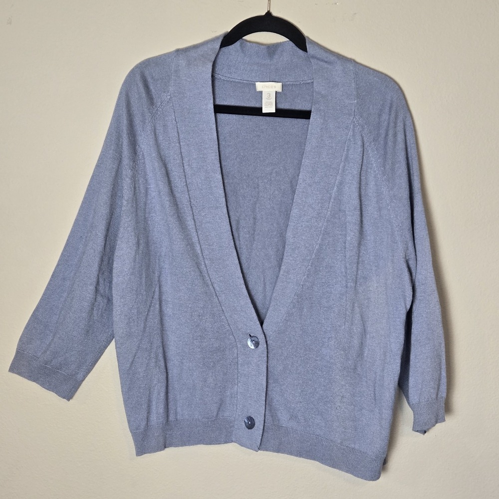 Chico's Silk Blend Carrie Cardigan Sweater Size 3 Light Blue Semi Cropped Boxy